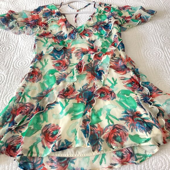 Anthropologie Floral V-Neck Ruffle Mini Dress Sz S Boho Summer Party Outfit Past - Picture 11 of 15